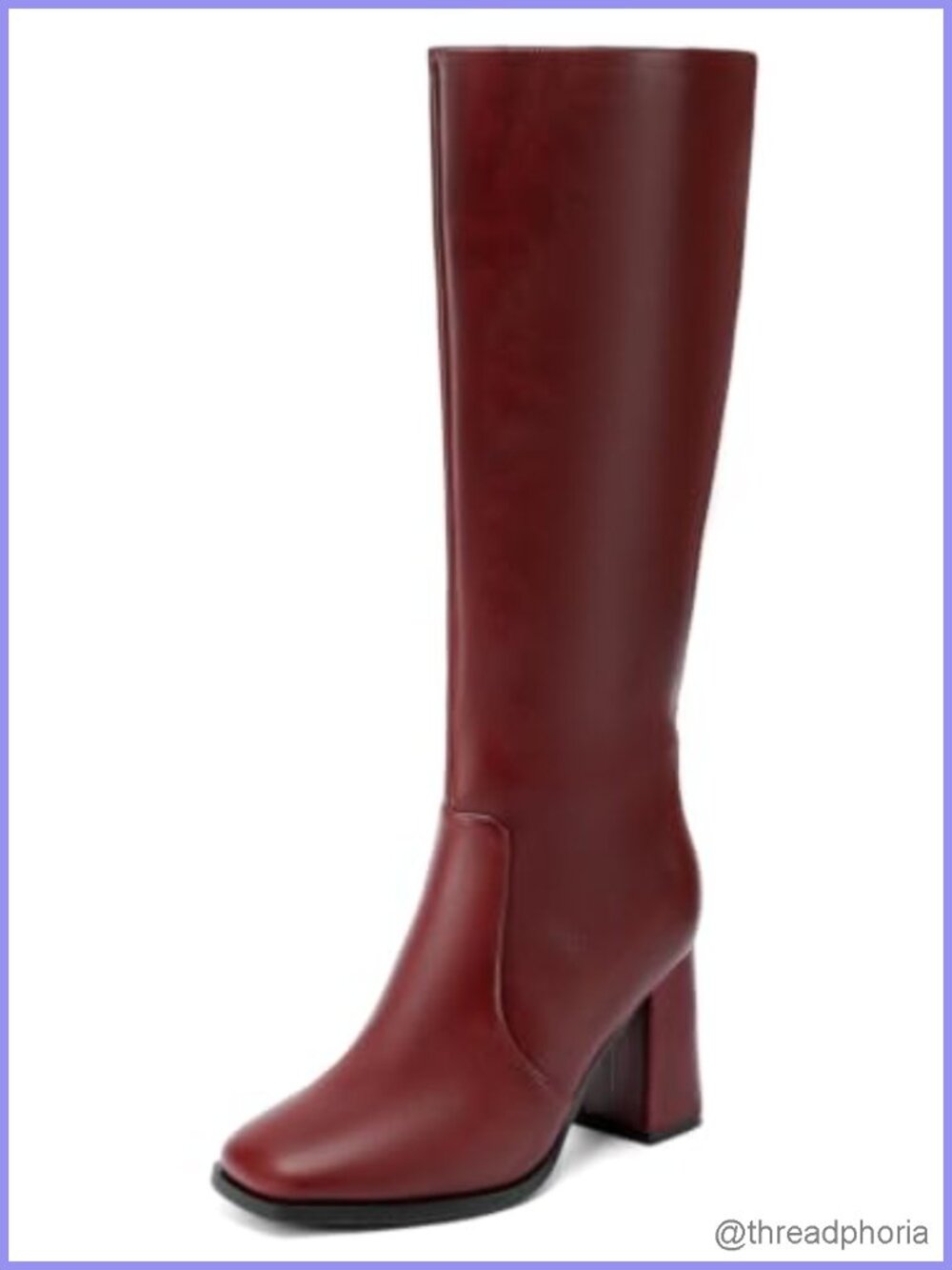 Wide Calf Knee High Boots Women Square Toe Chunky Heel Faux Leather Zip
